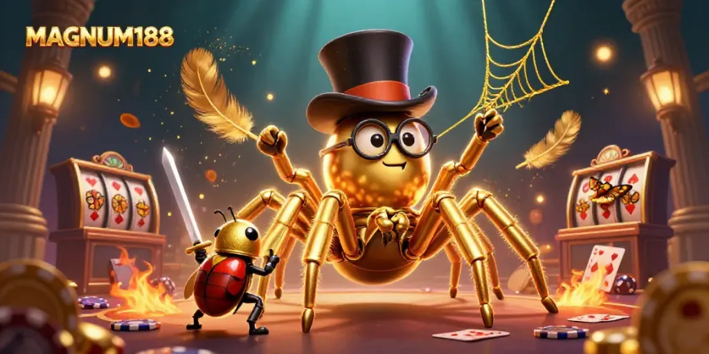 Engage with the thrilling world of MAGNUM188 as a golden tarantula and knight interact in a vibrant casino scene.