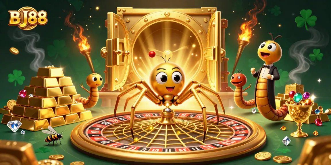 Bet big with BJ88 in this vibrant casino scene featuring a spider and fly