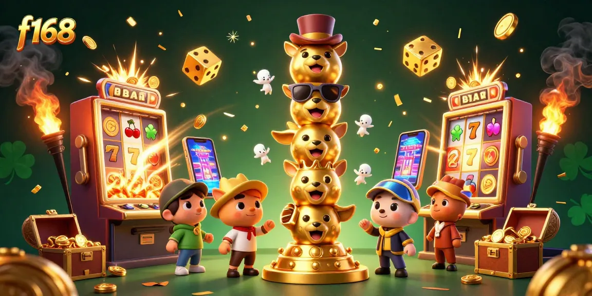 Join the excitement at f168 with vibrant casino elements, including a golden totem and jackpot effects.