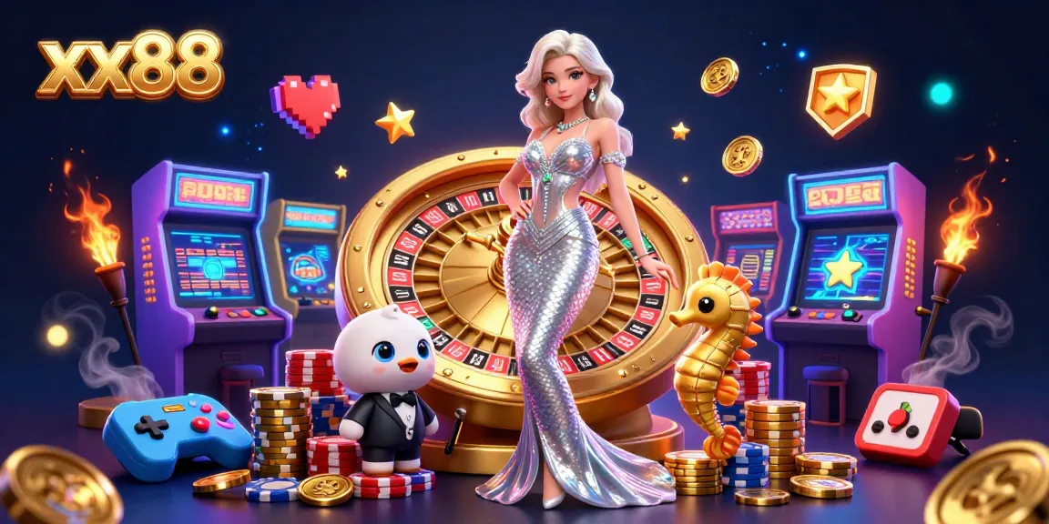 Engage with xx88’s thrilling gaming experience featuring a stunning scene with golden roulette and vibrant arcade elements.