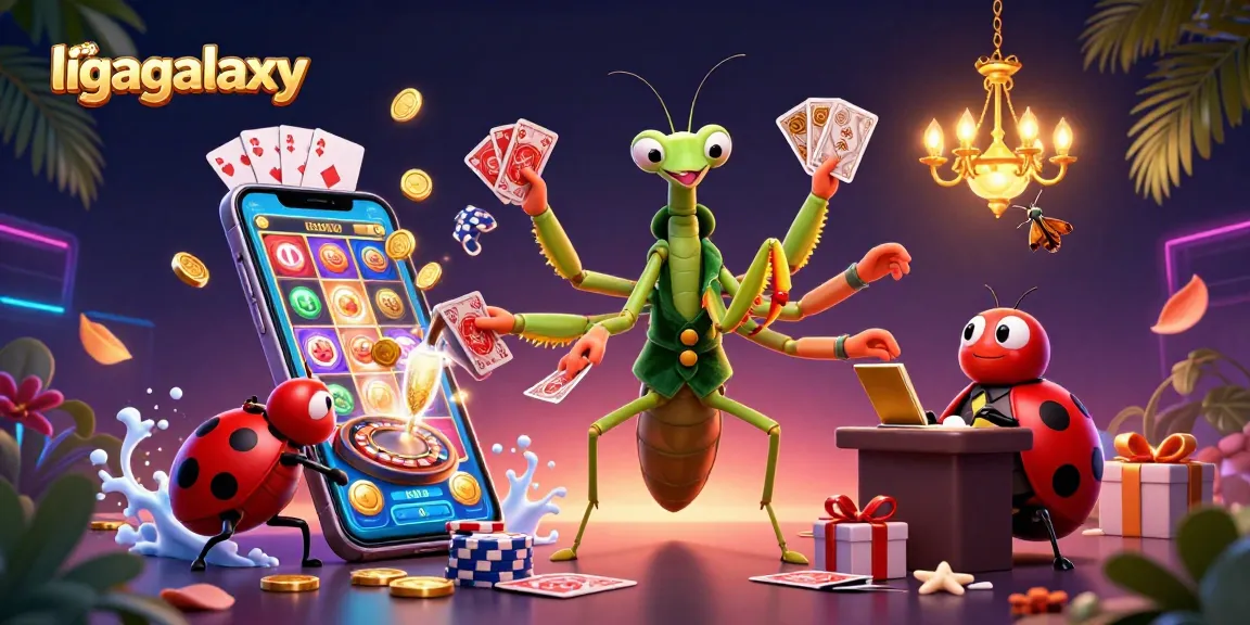 Menyajikan aksi menarik di ligagalaxy, seorang mantis raksasa melayani kartu dan chip di kasino.