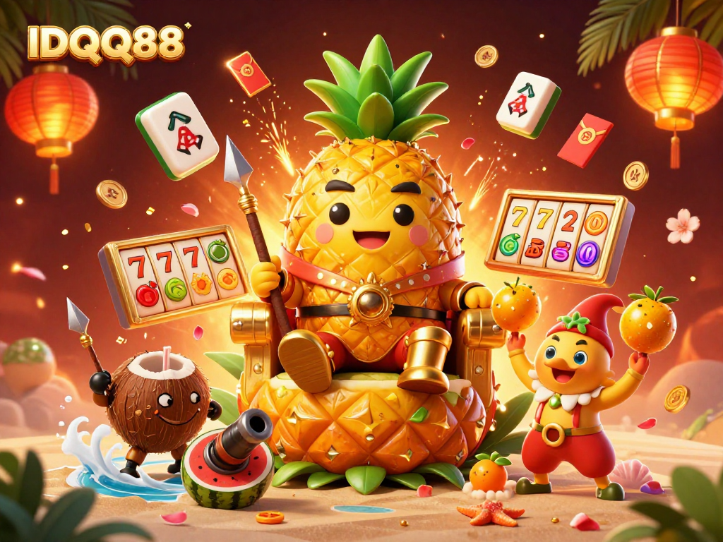 Join the fun with IDQQ88 in this vibrant casino scene featuring a golden pineapple king and engaging game elements.