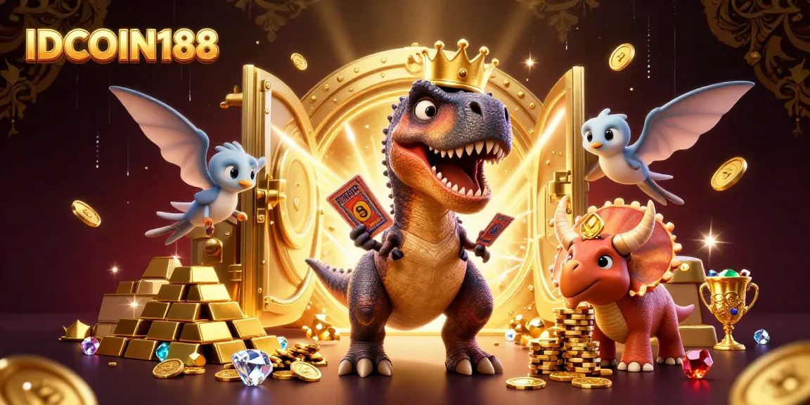 IDCOIN188 slot game illustration with vibrant characters, golden treasures, and dynamic casino elements