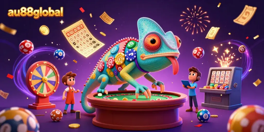 Experience the thrilling excitement of au88global with vibrant casino elements and a unique chameleon host.