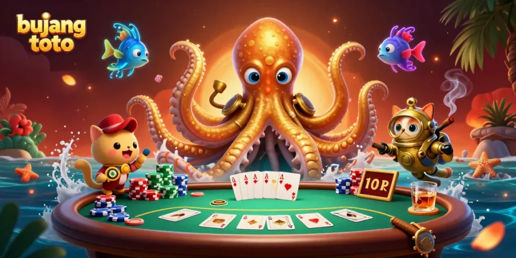 Menggambarkan bujang toto dalam dunia kasino dengan karakter unik, mengumpulkan keberuntungan di meja poker