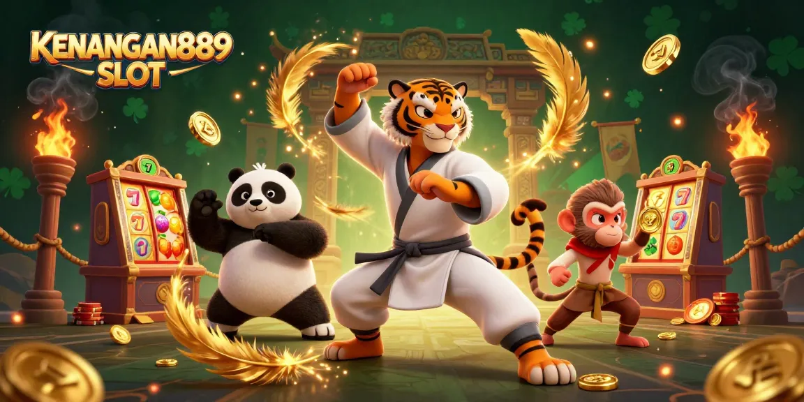 Engage in thrilling gameplay with KENANGAN889 SLOT featuring vibrant slot machine reels and engaging characters.