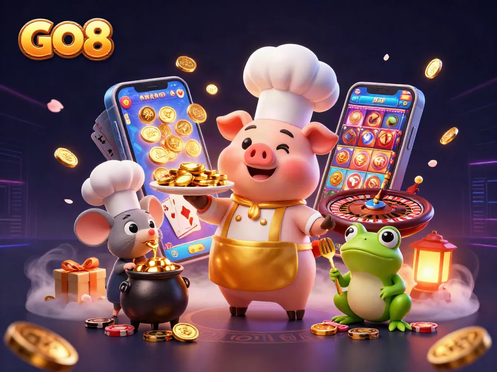 Spin to win with GO8 as a cheerful chef pig serves gold coins amidst vibrant slot game elements.