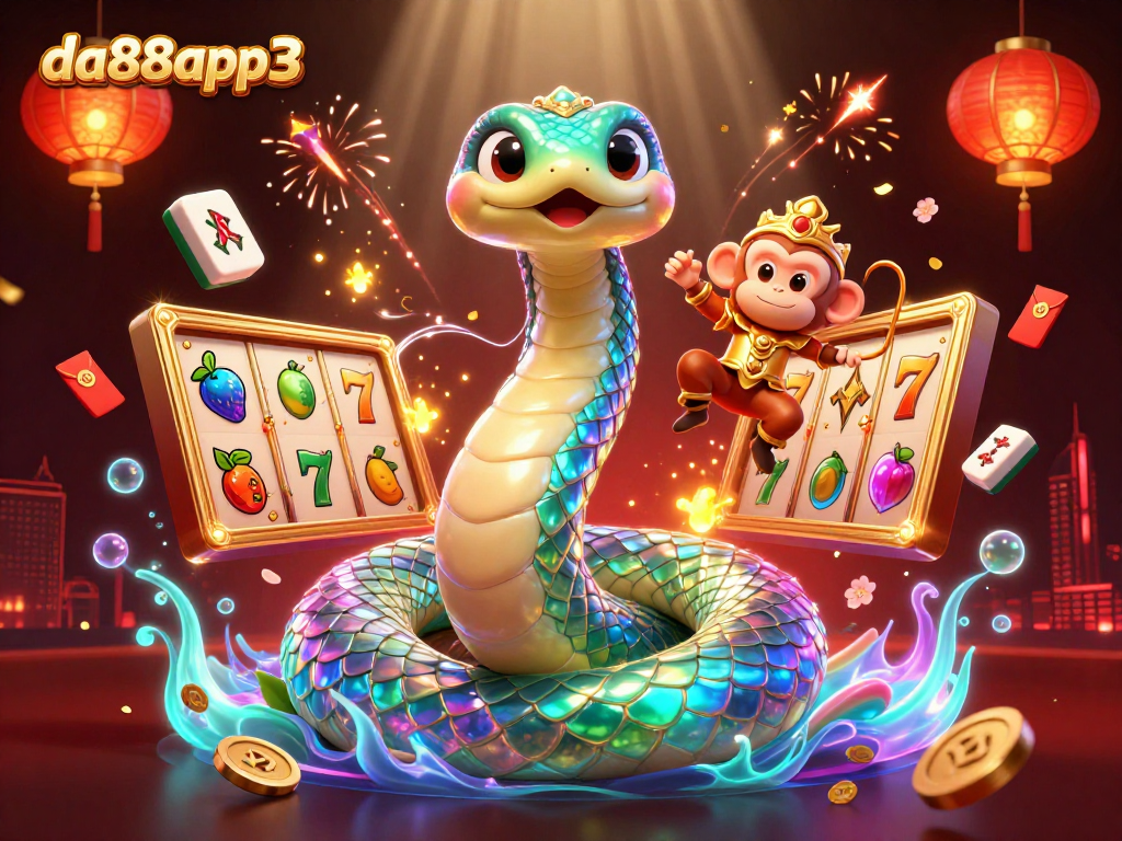 Engage with da88app3's vibrant illustration of a casino scene with a lively rainbow serpent and monkey king.