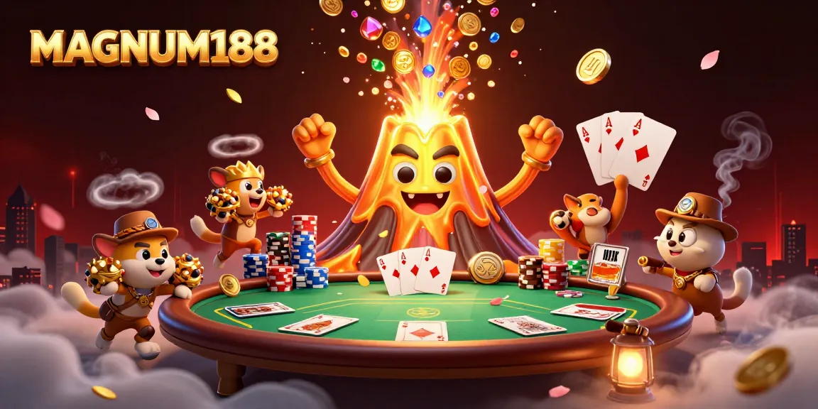 Enjoy the thrilling MAGNUM188 experience with a vibrant scene of a golden volcano erupting treasures in a lively poker setting.