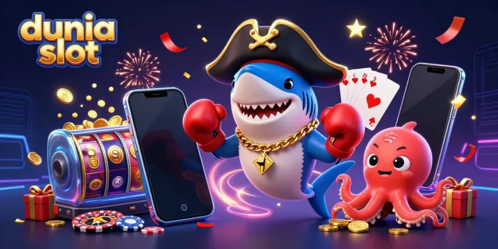 Untuk dunia slot, karakter hiu bajak laut dan teman-temannya bermain permainan slot dengan koin emas yang berhamburan.