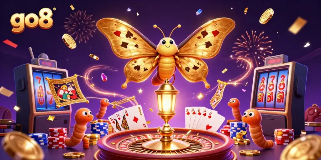 Experience gaming excitement with go8's colorful casino scene featuring golden winnings and vibrant visuals.