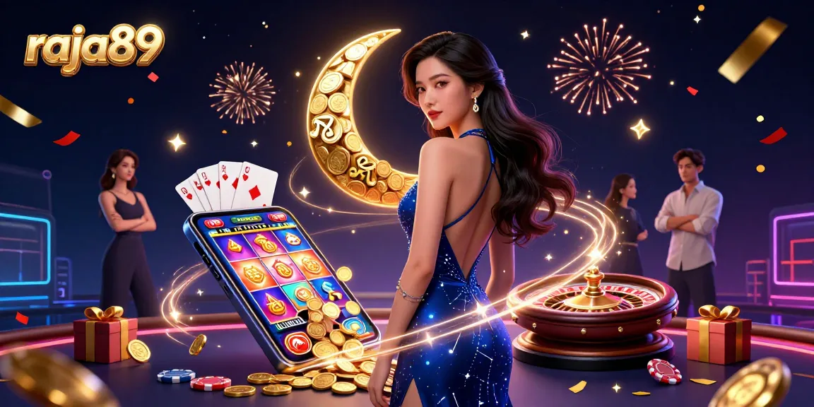 Experience raja89 casino slots with vibrant animations, golden coins, and exciting game elements in a stunning illustration.