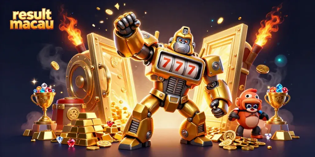 Menampilkan hasil result macau dengan karakter gorila emas dan harta karun, menggambarkan keseruan permainan togel.