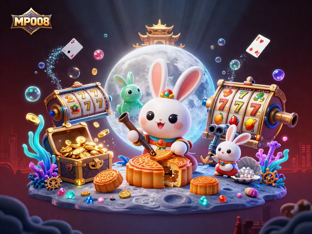 MPO08 showcases a vibrant 3D illustration of a moon rabbit and games of chance, emphasizing rich casino elements.