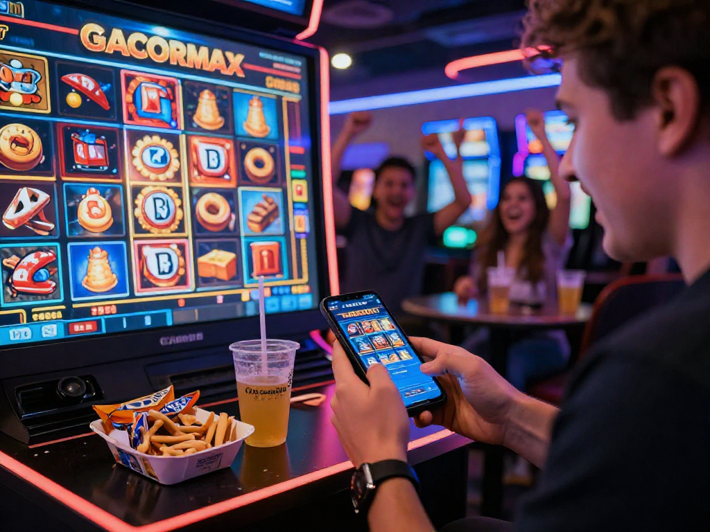 GACORMAX user enjoying vibrant online slots gameplay on a smartphone with neon lights.