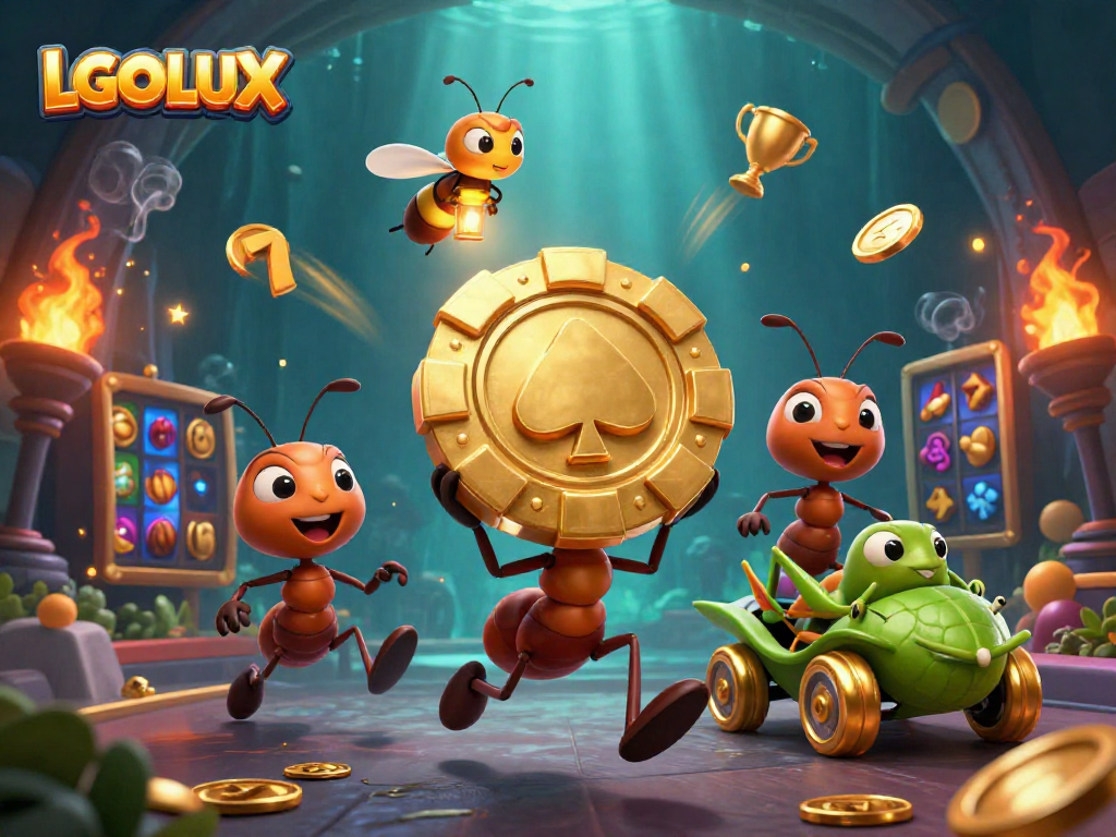Experience the excitement of LGOLUX with ants carrying a giant poker chip through a vibrant casino heist.