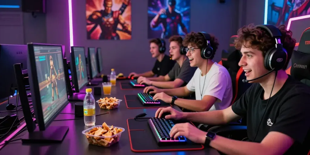 Teman-teman sedang bermain sniperslot dengan peralatan gaming yang canggih dan suasana ceria.