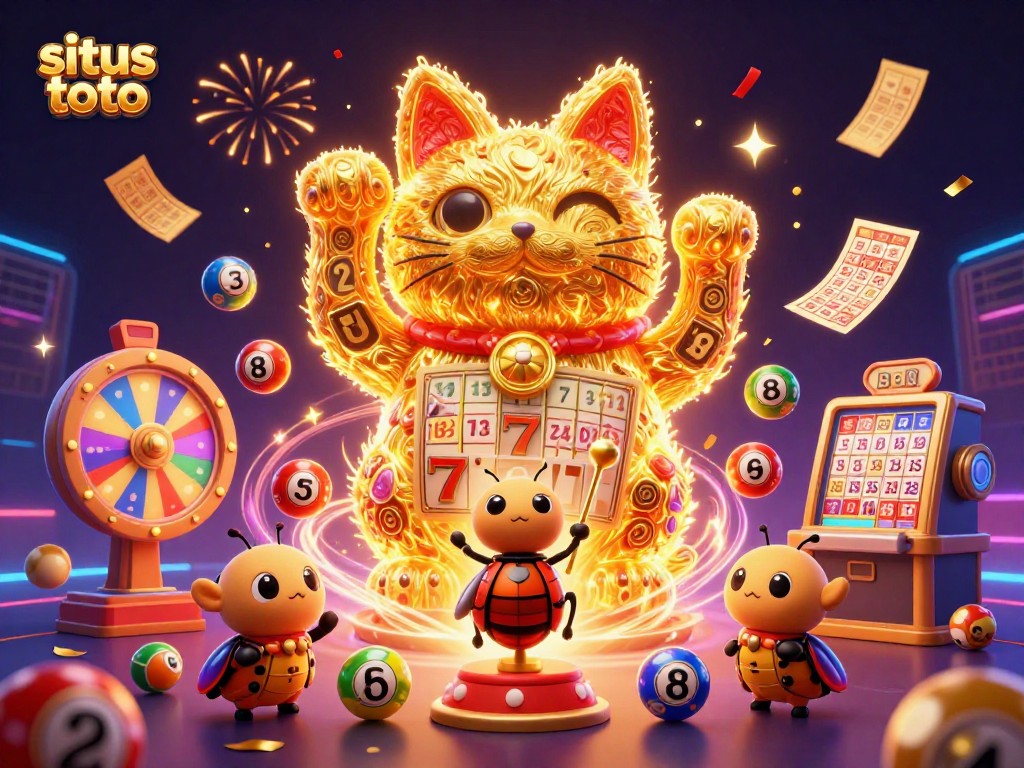 Mewujudkan situs toto dengan warna-warni bola lotere dan kucing keberuntungan di tengah suasana pesta.