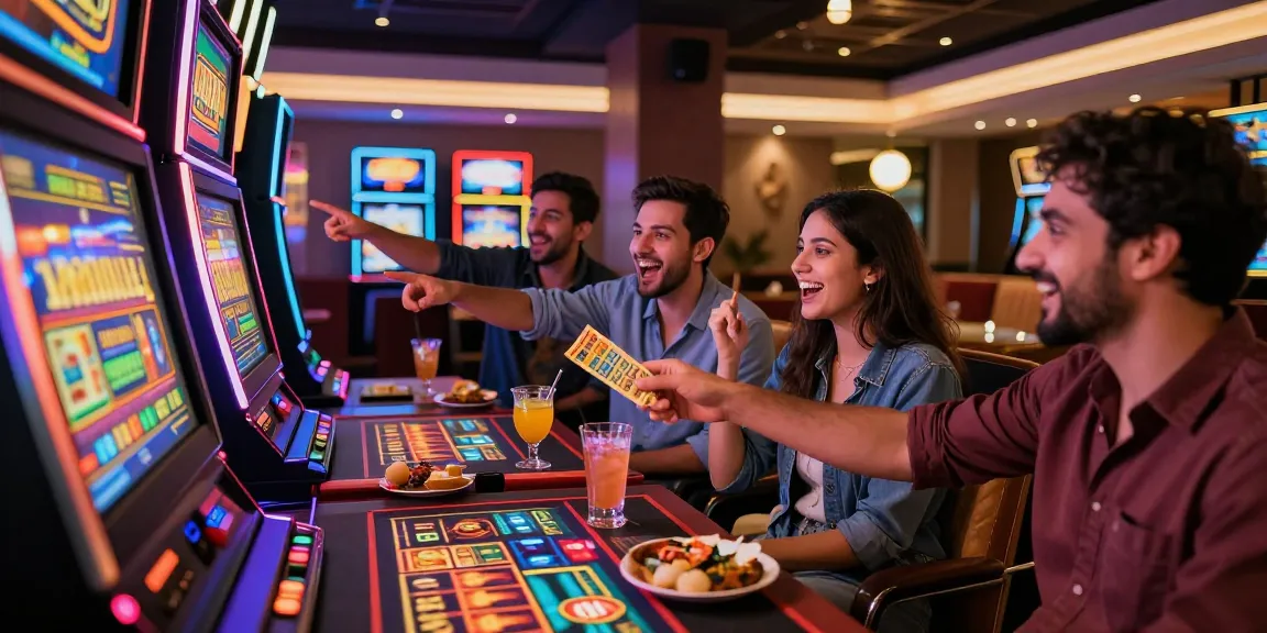 Friends celebrating jackpots at slot raffi ahmad gaming in a lively casino lounge.