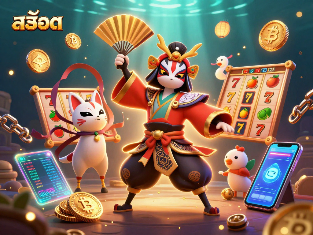 Spin the สล็อต reels with vibrant characters amidst glowing crypto elements and dynamic gameplay.