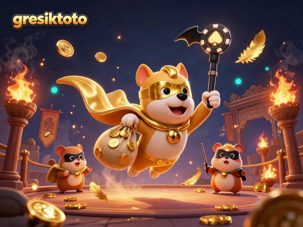 Experience vibrant gameplay with gresiktoto as a superhero dog flies with golden coins and a poker chip symbol, capturing the essence of fun.