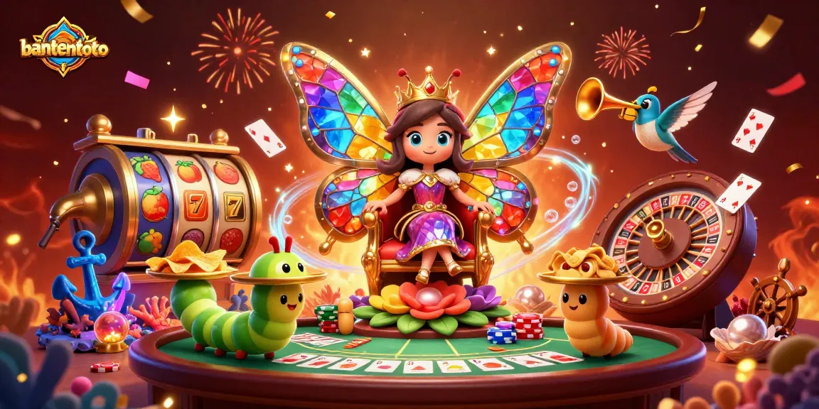 Bantentoto menghadirkan keseruan permainan dengan slot dan live casino dalam ilustrasi kasino yang ceria dan penuh warna.