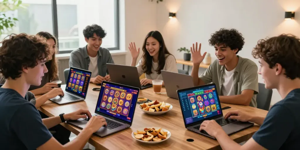 Friends enjoying slot gacor games on various devices in a cozy lounge.