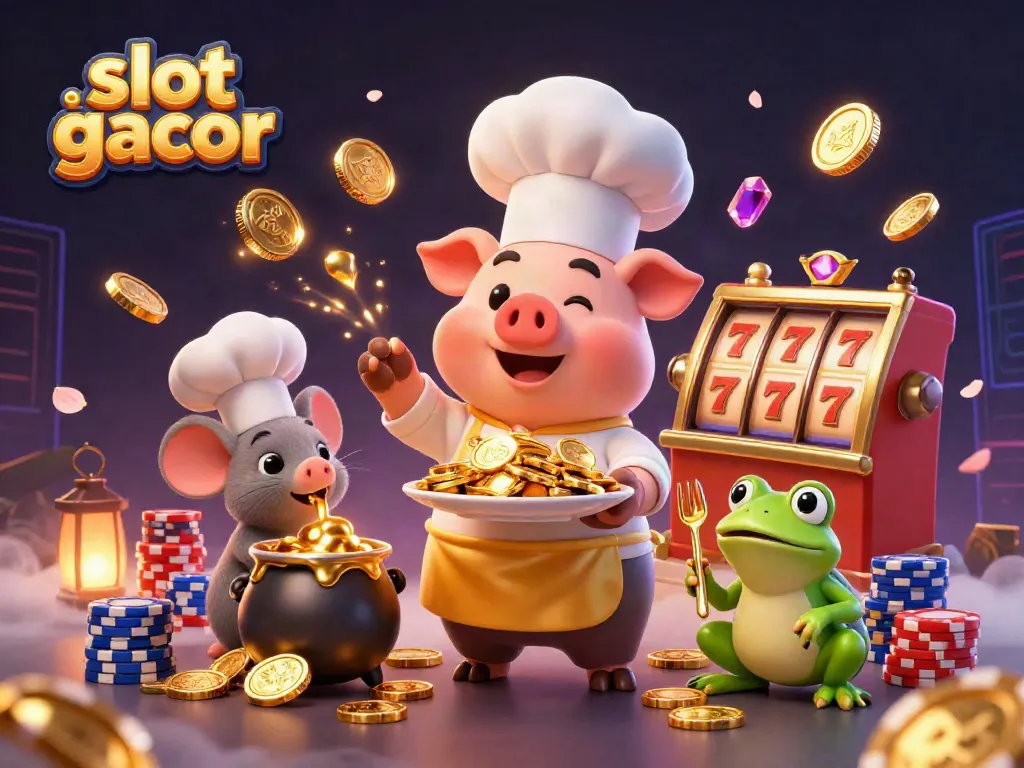 Slot gacor: Ilustrasi 3D chef babi dengan koin emas, mouse, dan katak di dunia judi.