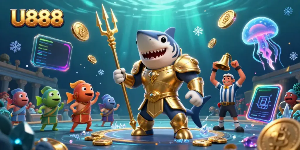 Experience the thrilling underwater arena of U888, where a tiger shark in golden armor battles amidst vibrant gaming elements.