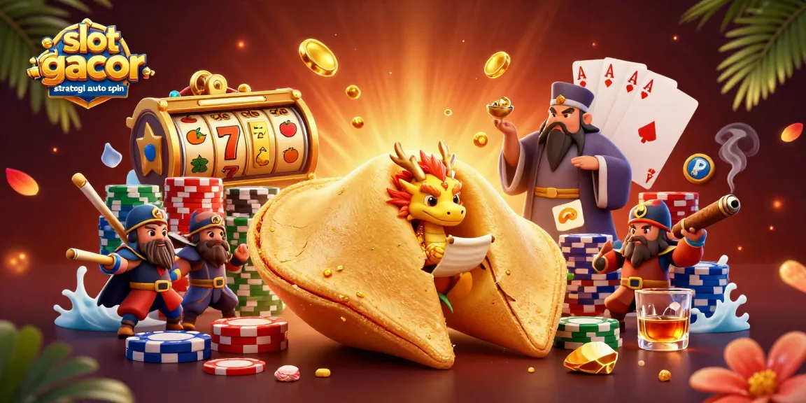 Experience thrilling slot gacor games strategi auto spin with a golden fortune cookie and dynamic casino scene.