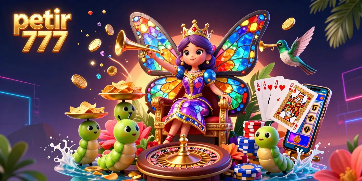 Experience petir 777's vibrant butterfly queen in a rich casino scene filled with spinning roulette and golden treasures.