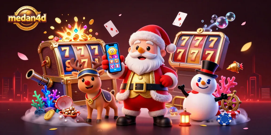 Pemenang jackpot medan4d menampilkan Santa dan teman-teman dengan suasana kasino yang ceria.