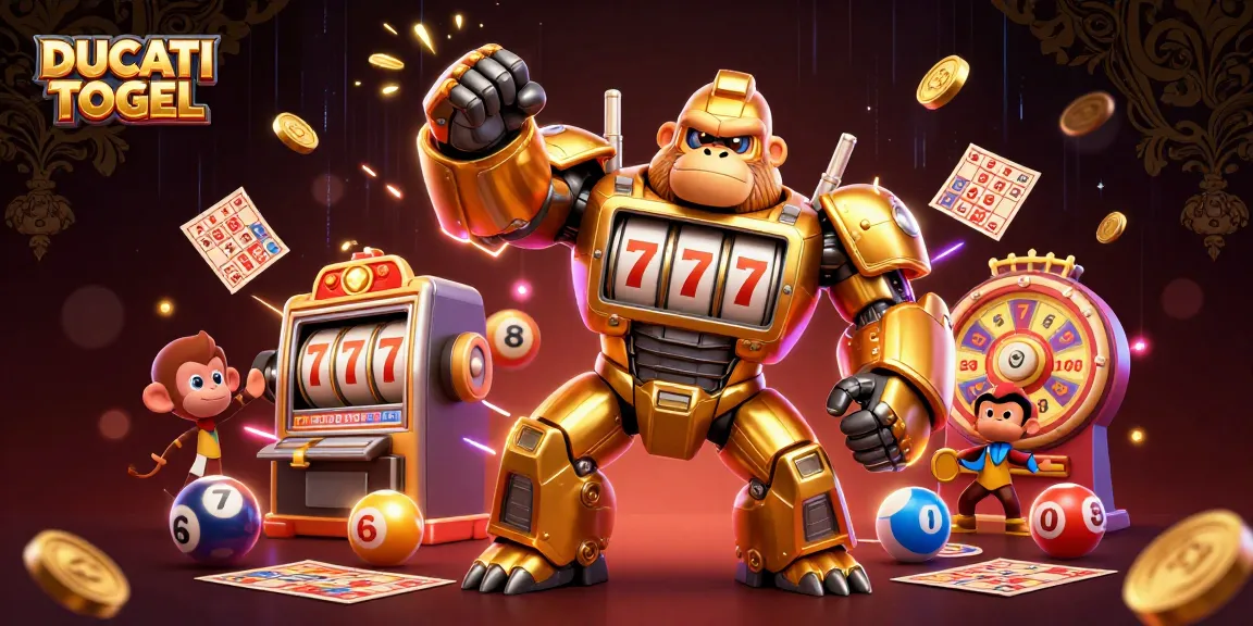 Engage with DUCATI TOGEL in this vibrant illustration featuring dynamic bingo elements and an adventurous gorilla mech.