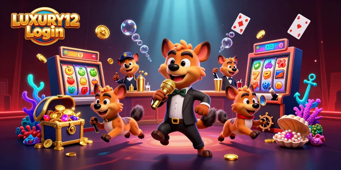 LUXURY12 Login showcases hyenas in a vibrant casino scene with slot reels and colorful gems
