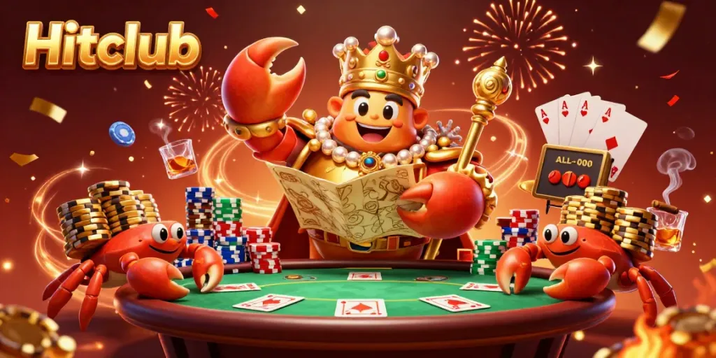 Engage with Hitclub at a vibrant casino scene filled with game elements and an emperor crab character.
