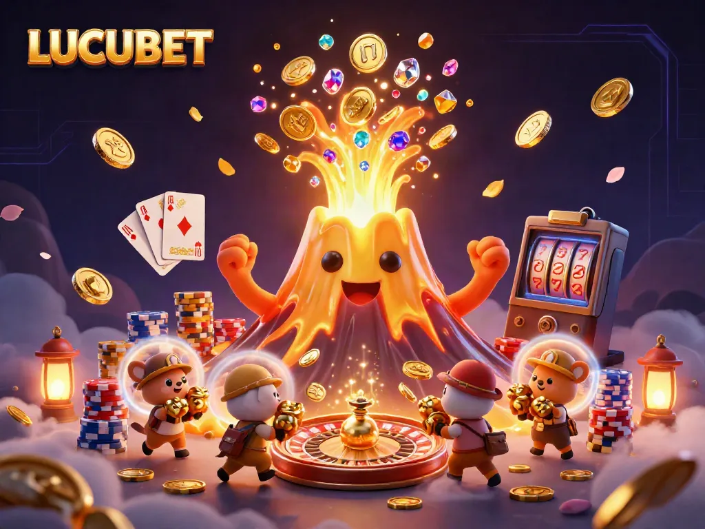 LUCUBET volcano erupting with coins and treasures in a vibrant casino scene.