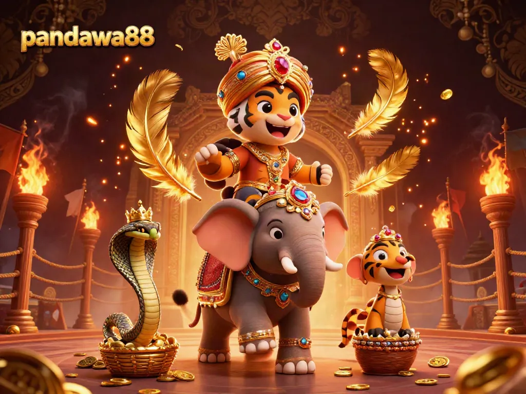 Pandawa88 mengajak Anda bertarung di arena penuh hiasan dengan singa, gajah, dan koin emas berkilau.