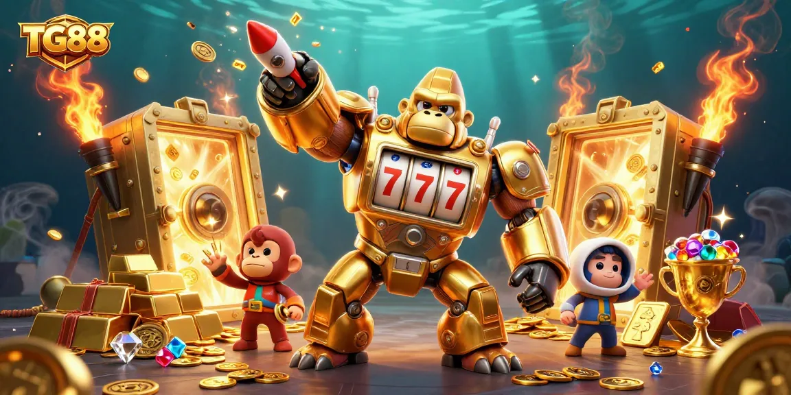 Experience thrilling slots with TG88's golden gorilla mech soaring through spinning reels and treasure!