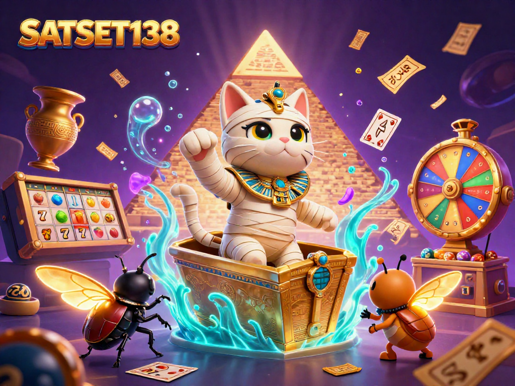 Permainan slot tergacor di SATSET138, dengan kucing mummy 3D menarik perhatian dalam atmosfer kasino kuno.