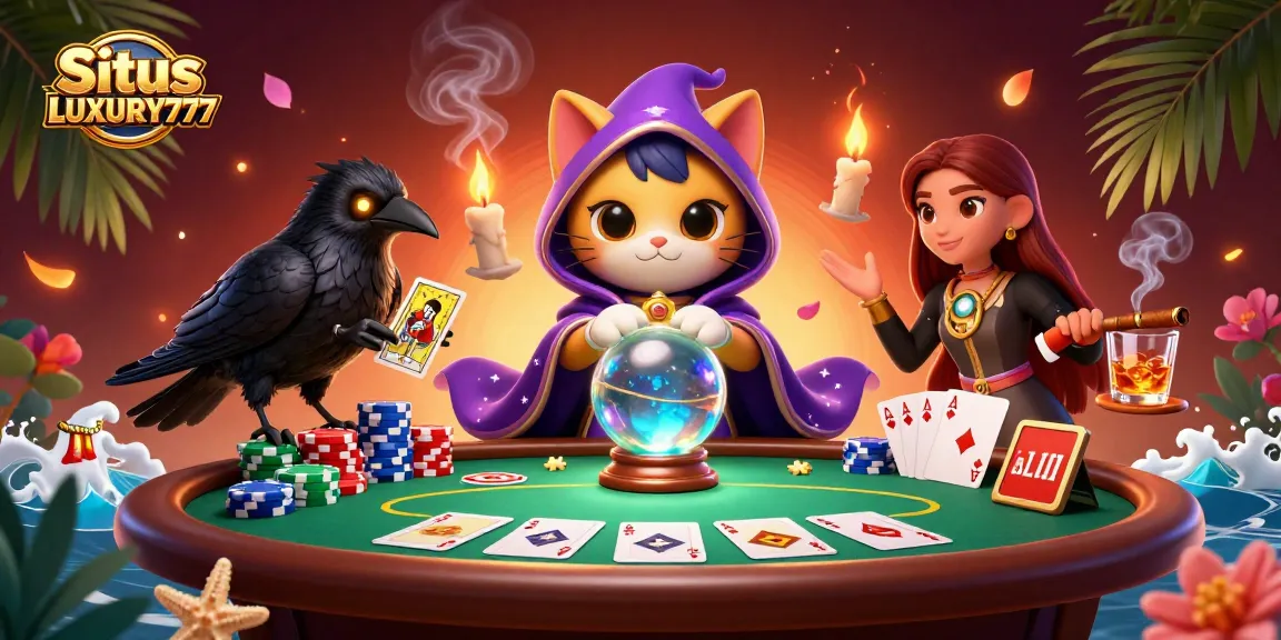 Situs LUXURY777 menampilkan ilustrasi 3D penuh warna dengan karakter kucing mistis, burung gagak, dan efek lilin, di tengah permainan poker yang dinamis.