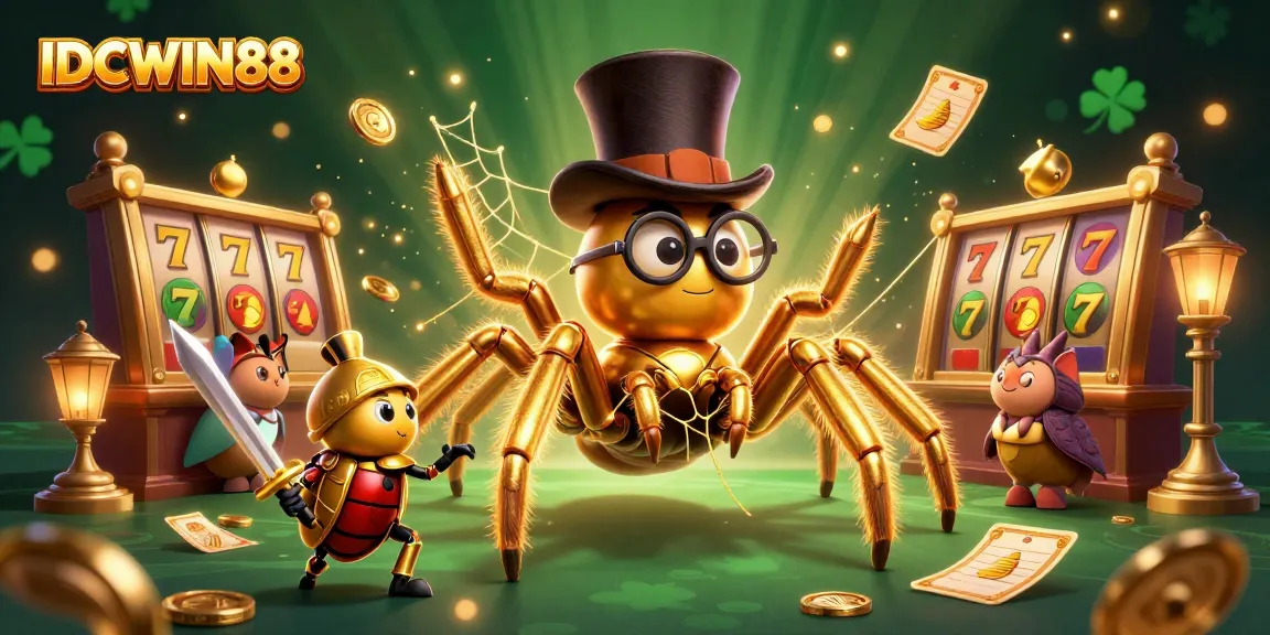 Play slots and win with IDCWIN88's engaging golden tarantula web game illustration.