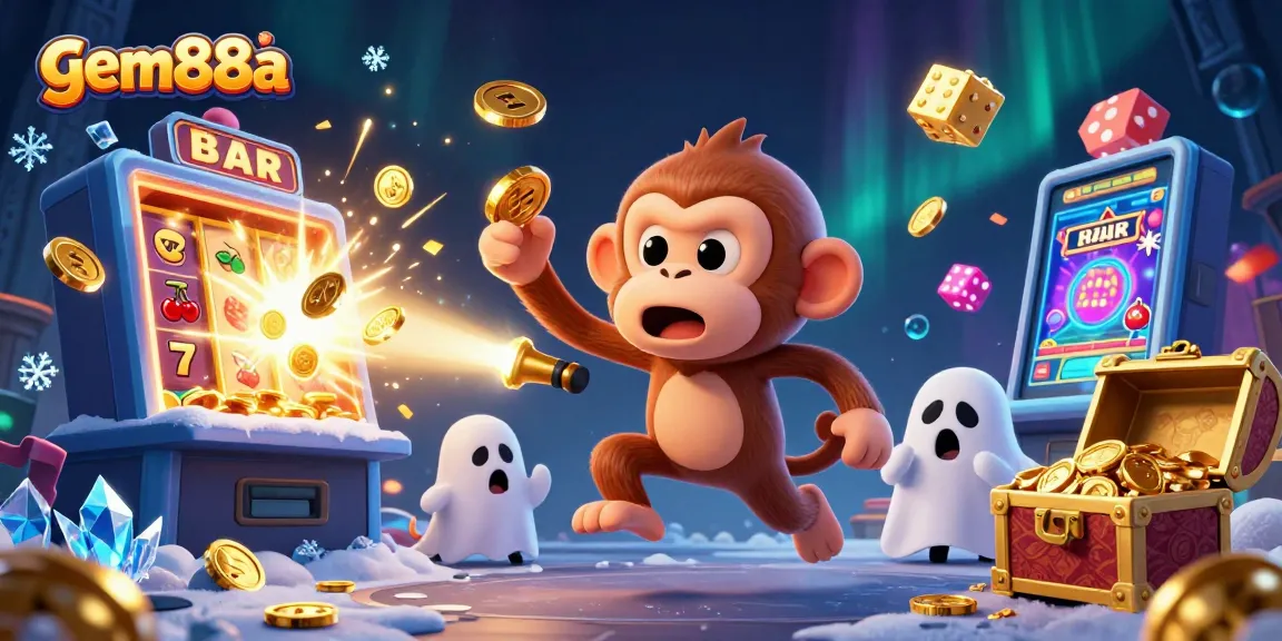 Experience thrilling gameplay at gem88a with a mischievous poltergeist monkey and ghost-hunter puppy in a vibrant casino.