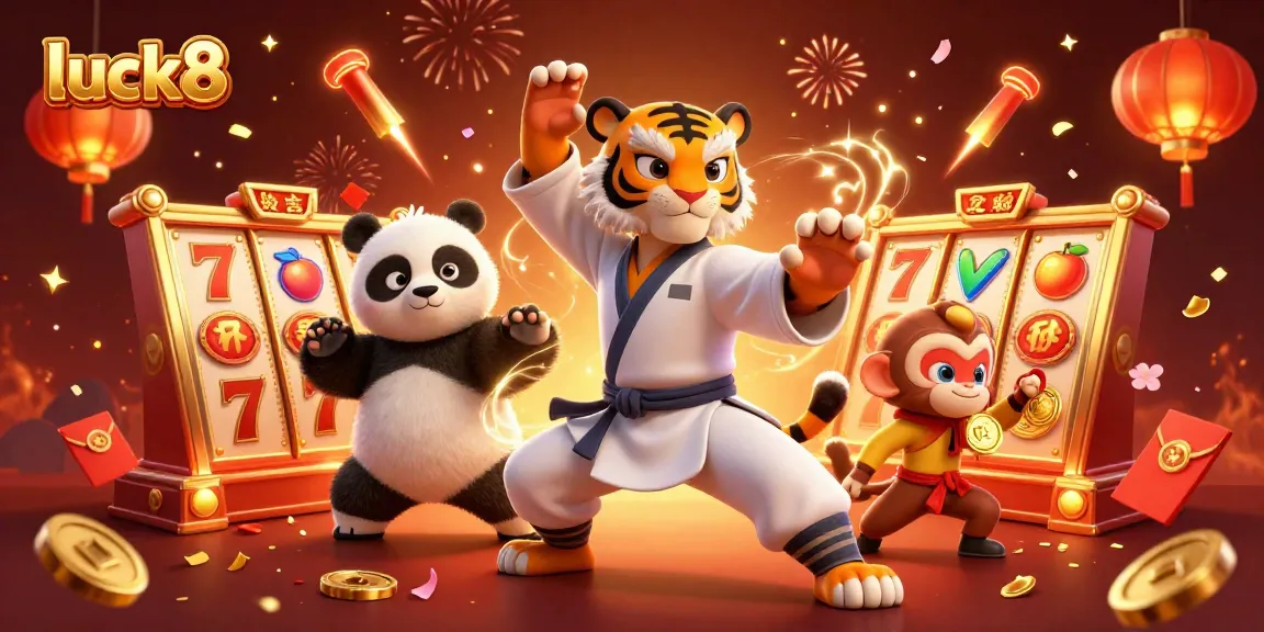 Experience the thrill of luck8 with a kung fu tiger master, panda disciple, and monkey student in an action-packed casino setting.
