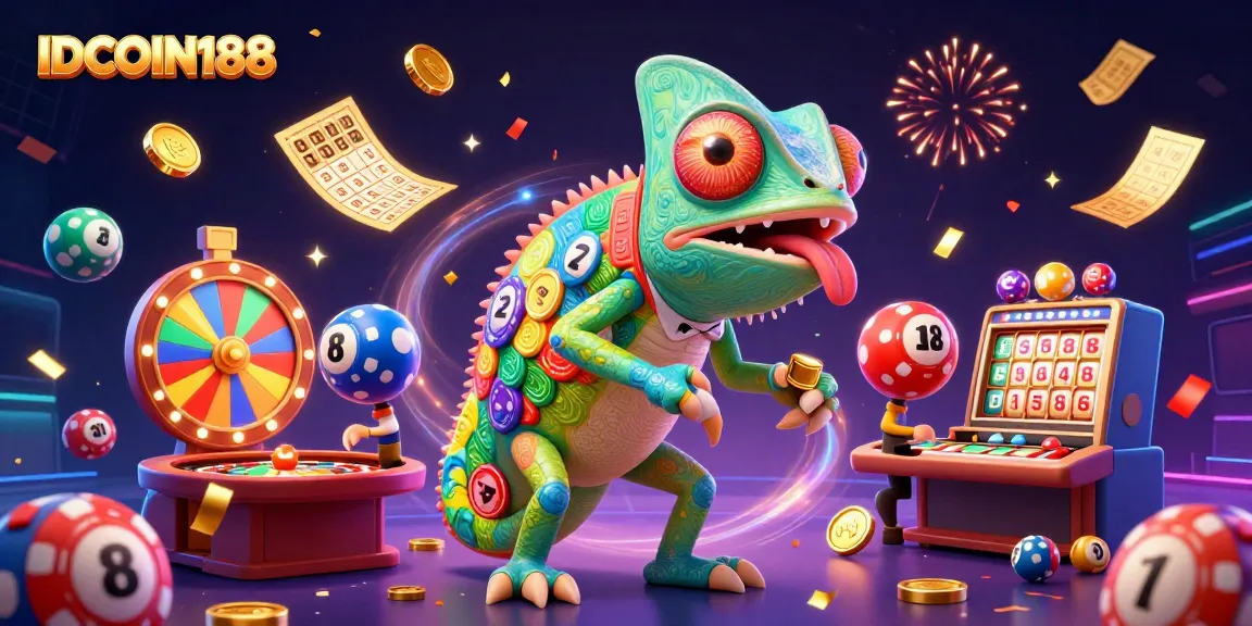 IDCOIN188 engages players with vibrant casino activities featuring a chameleon owner and colorful lottery elements.