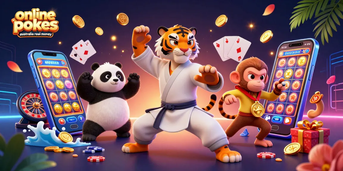 Engage in online pokies australia real money with vibrant 3D cartoon characters around spinning slots and coins.