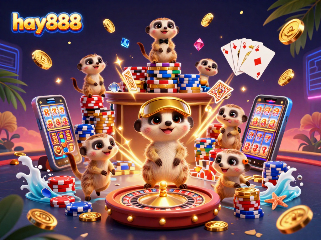 Win big at hay888 with immersive casino action featuring playful meerkats managing a vibrant gaming scene.