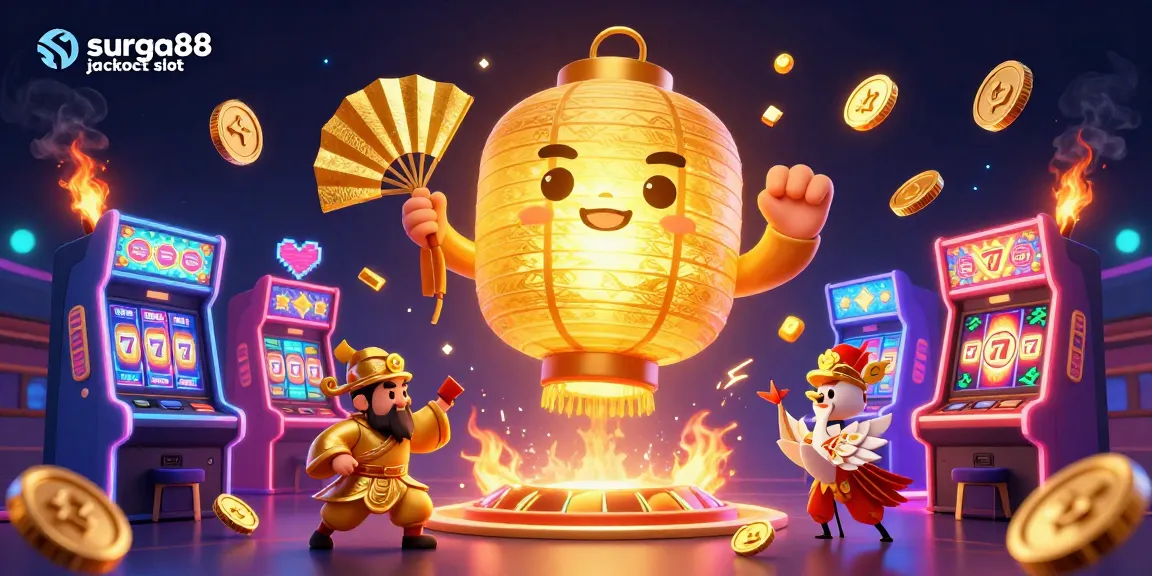 Enjoy the surga88 jackpot slot experience with a vibrant casino scene filled with golden lantern spirits and slot machines.