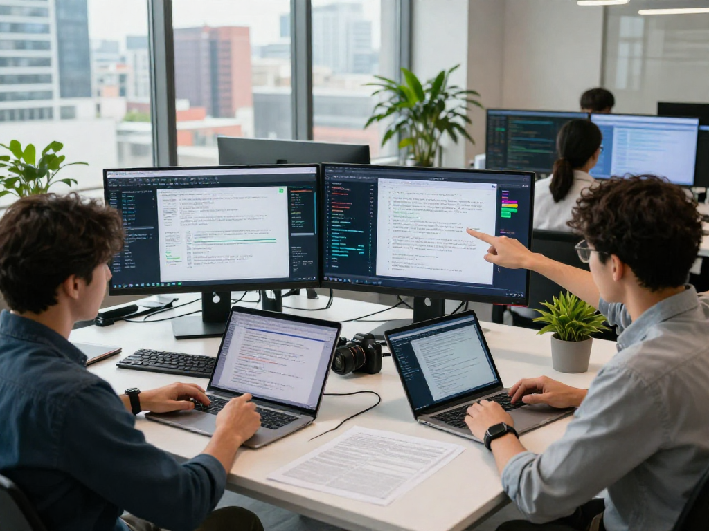 Team of data analysts demonstrating document fraud detection techniques in a bright office.