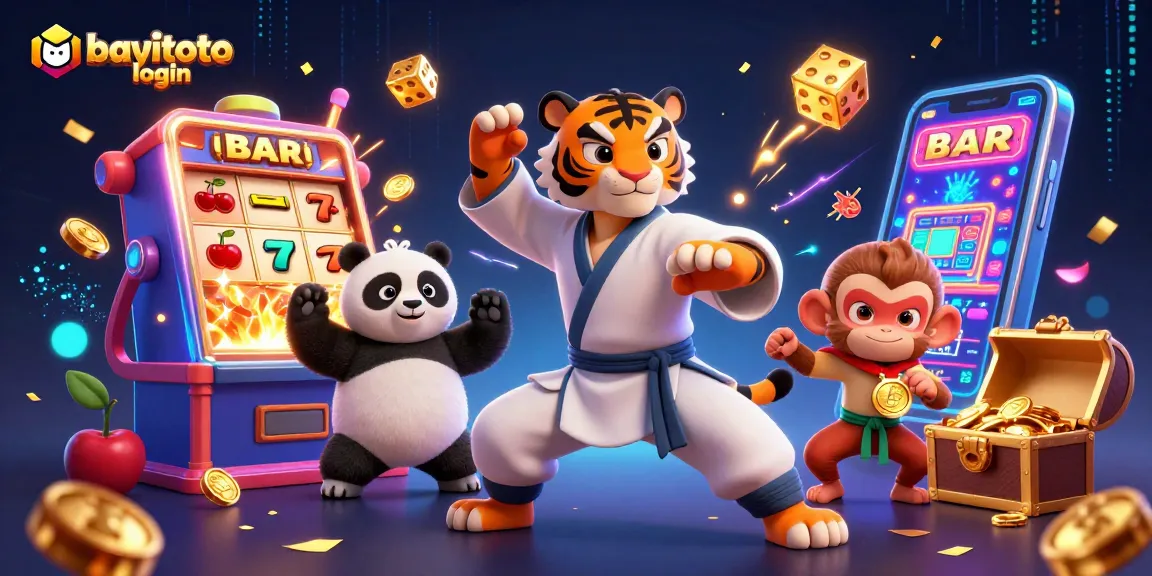 Experience bayitoto login excitement with a vibrant scene of 3D animated characters enjoying casino games and winning.