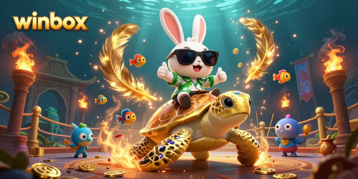 Winbox casino features lucky rabbit and golden turtle amidst vibrant gaming elements for thrilling experiences.